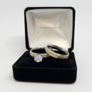 New two tone 2 piece steel wedding ring set